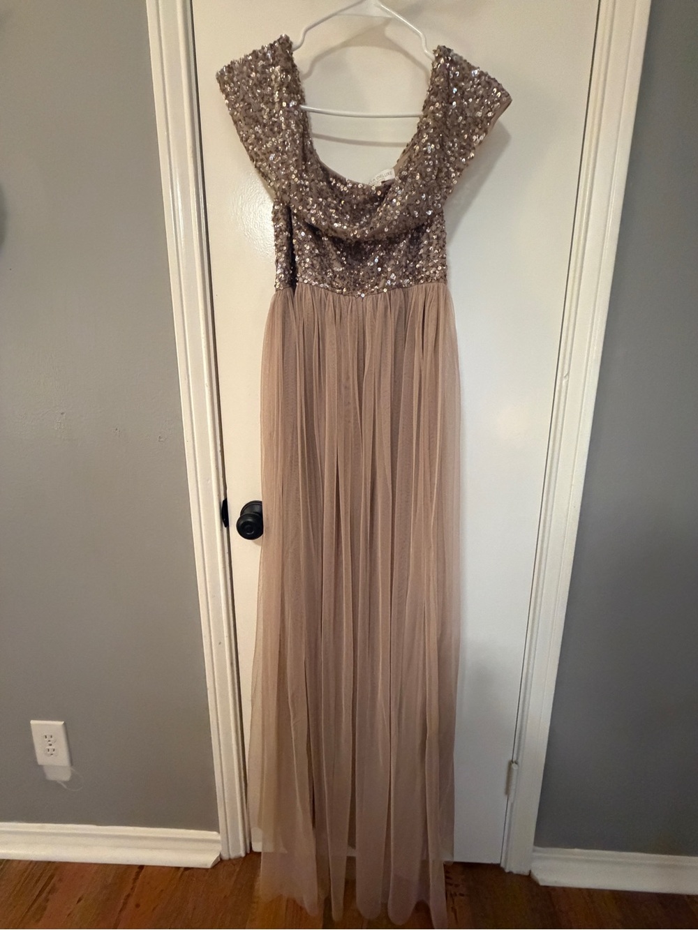 Sequined Off the Shoulder Maternity Dress in Blush Taupe